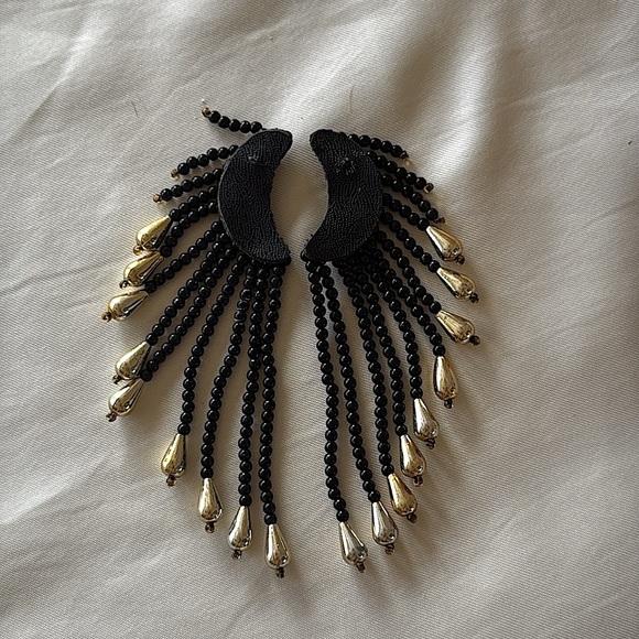 Vintage 80s Black Seed Bead & Gold Dangle Fringe Statement Earrings Retro Chic - Picture 5 of 7